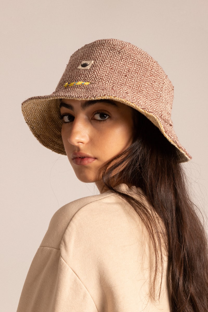 Reversible Monsoon Hat zigzag Brown and Mustard